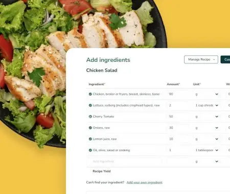 recipe showing ingredients and quantities of a chicken salad