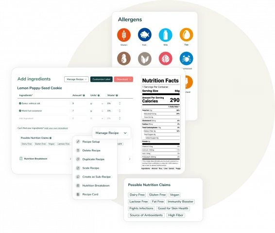 A nutrition facts label is overlapping a white box with symbols for Allergens across it, and smaller blocks of steps and nutrition labels are at the forefront.