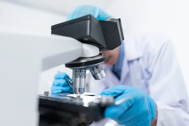 Lab worker looking through a microscope