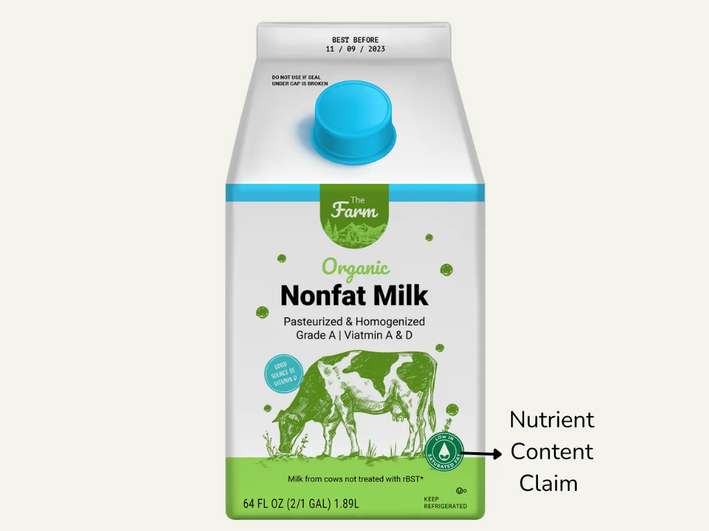 A nutrient content claim sticker pointed out on the side of a milk carton.