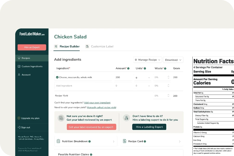 A screenshot of the Recipe Builder in Food Label Maker