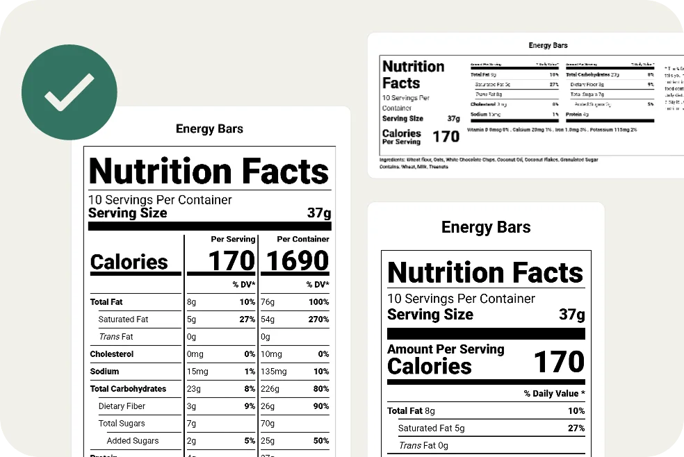 Three nutrition facts labels in different formats and a green tick to the left of them.