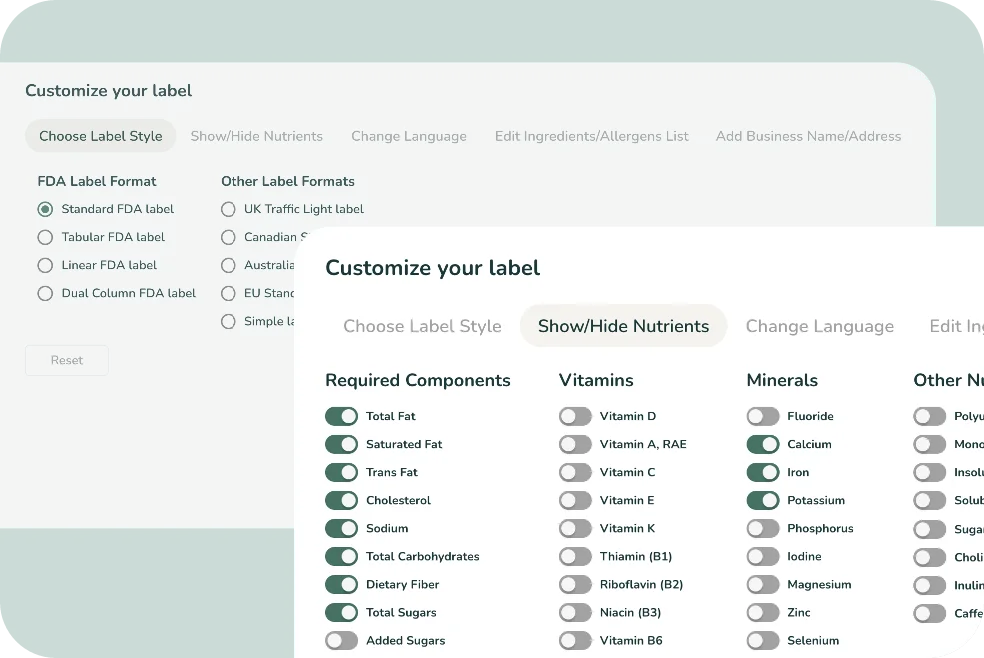 Two panels with toggle buttons for different customization options you can choose from in the recipe tool.