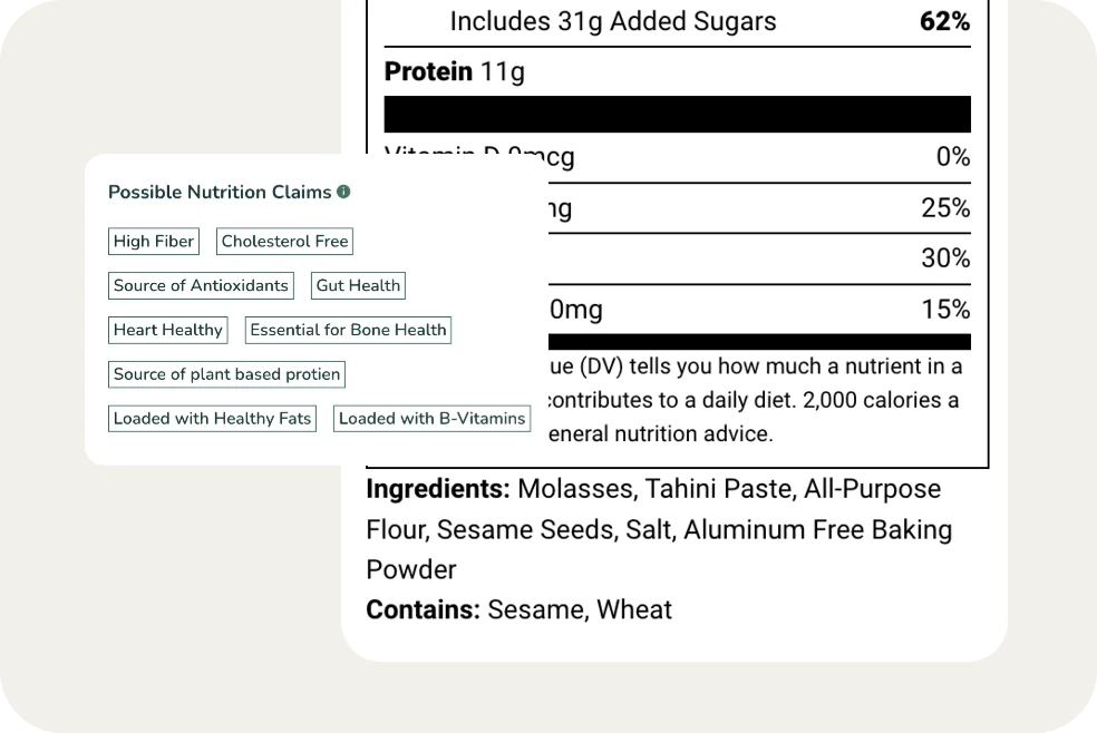 A panel of Nutrition Claim options overlapping the bottom of a nutrition facts label.