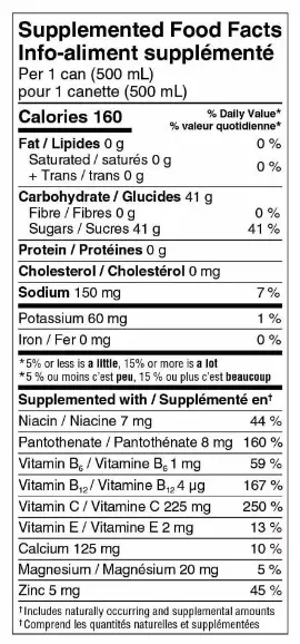 A detailed bilingual nutrition label, displaying 'Supplemented Food Facts' at the bottom of the table.