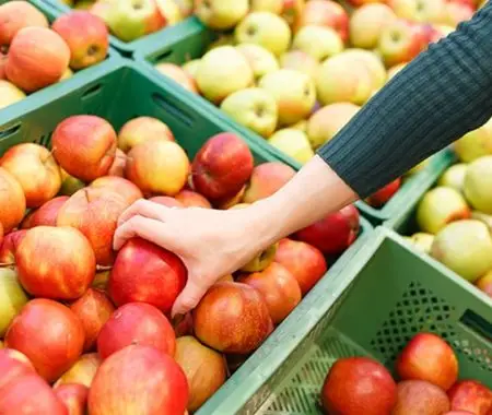 Close-up view of a woman's hand selecting an apple in a supermarket.